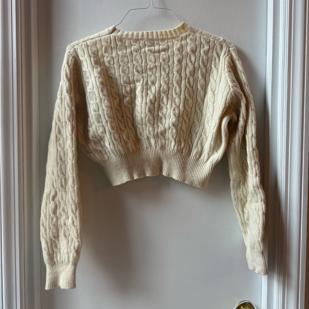 Sandy Liang Floral Embroidered Cable Knit Crop Half Sweater in Panna Cotta, S - Picture 7 of 9